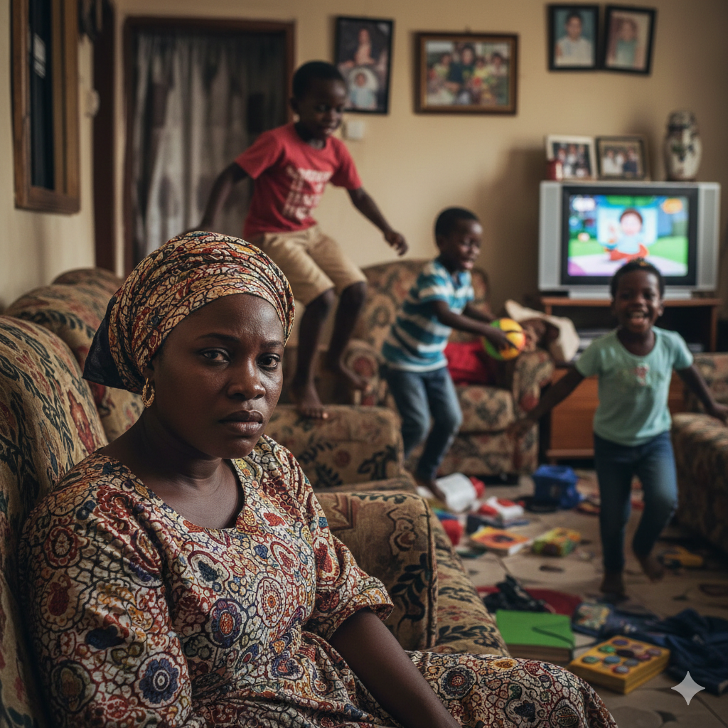 Nigerian mother looking tired and frustrated with children running wild in background